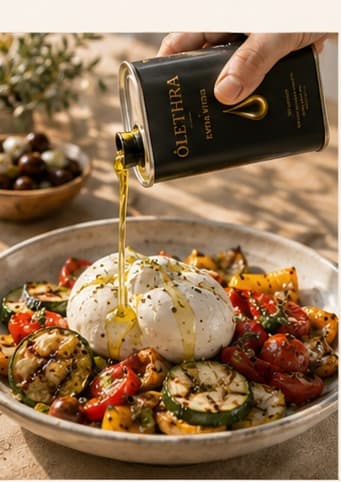 Mediterranean bowl with burrata, vegetables and ÓLETHRA Extra Virgin