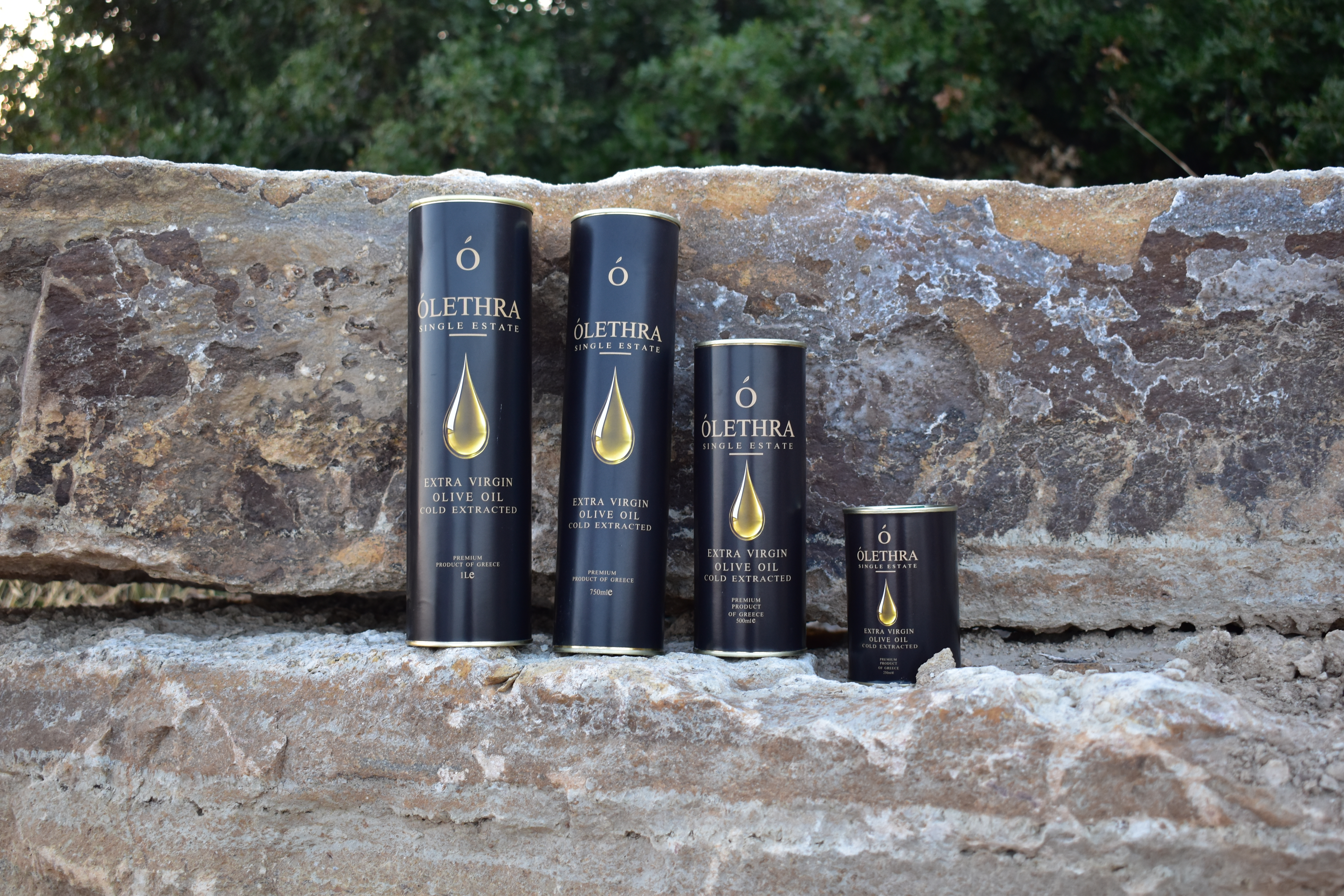 OLETHRA Extra Virgin black collection on a stone background